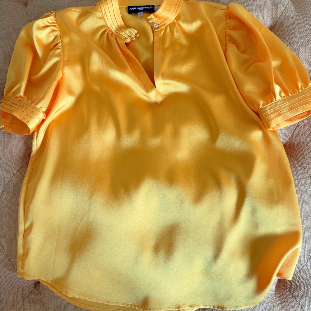 Karl Lagerfeld Yellow Satin Puff Sleeve Blouse